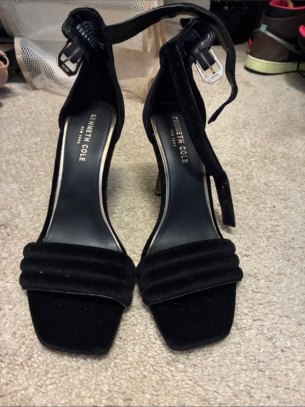 Kenneth Cole Black Velvet Square-Toe Ankle-Strap Heels